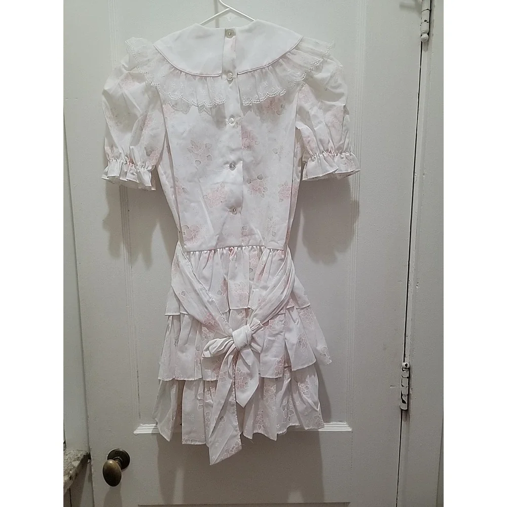 Vtg 80s Bryan Pink Ruffle Lace Dress Size 8 Girls Made USA Cotton Blend